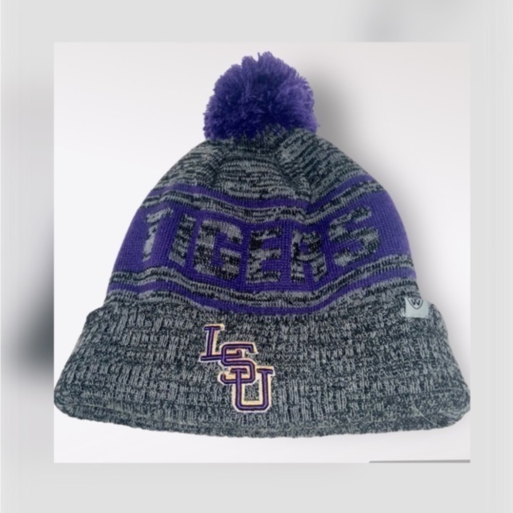 LSU Tigers College Football Top Of The World Purple & Gray Beanie With PomPom